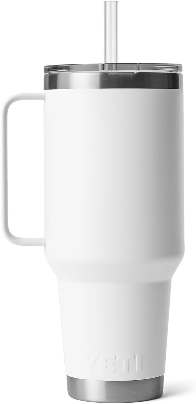 YETI Rambler 42 oz Tumbler with Handle and Straw Lid, Travel Mug Water Tumbler, Vacuum Insulated Cup with Handle, Stainless Steel, White