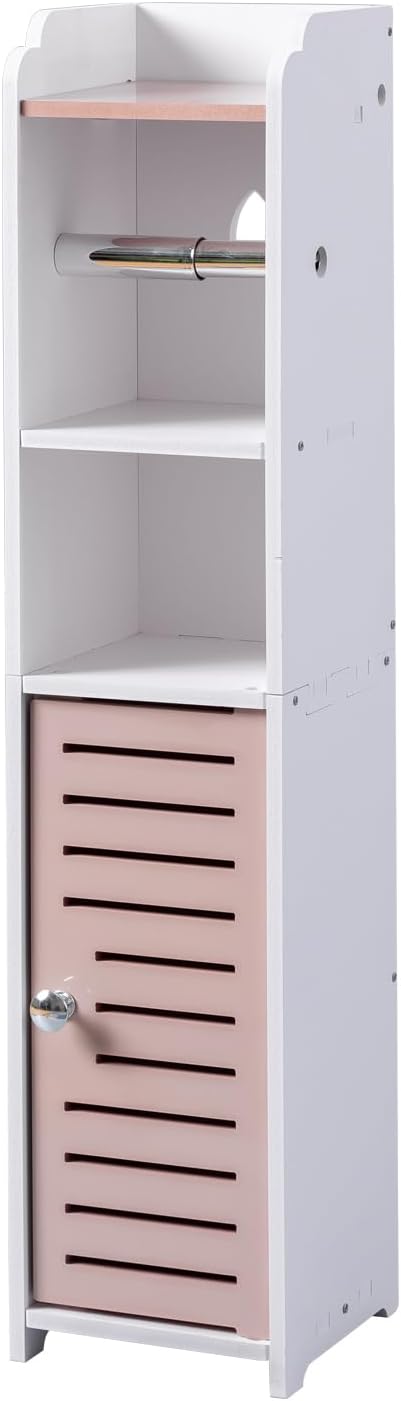 AOJEZOR Toilet Paper Holder Stand: Small Bathroom Storage Cabinet - Pinkish Rose - White