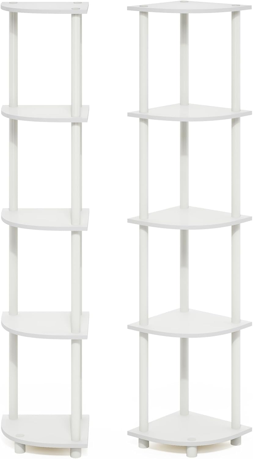 Furinno Turn-N-Tube Corner Shelf Set of 2, 5-Tier Corner Bookshelf, Open Storage Shelves, for Organization and Storage, Living Room, Home Office, Garage, White
