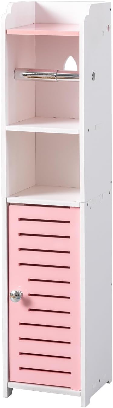 AOJEZOR Toilet Paper Holder Stand: Small Bathroom Storage Cabinet - Jelly Pink - White