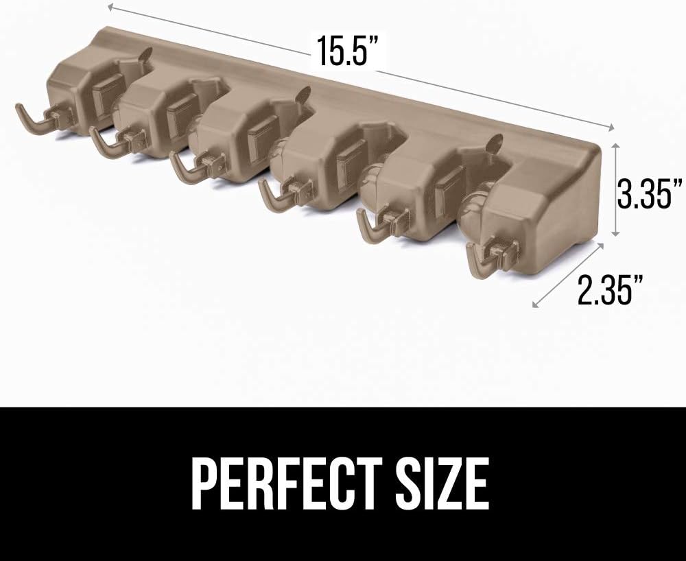 GORILLA GRIP Wall Mount Hook Fixture, Also Includes Slots to Hold Mop, Broom, Tools, Easy Install, Organize Cleaners, Tools, Home, Kitchen, Garage, 6 Hooks 5 Slots, Beige
