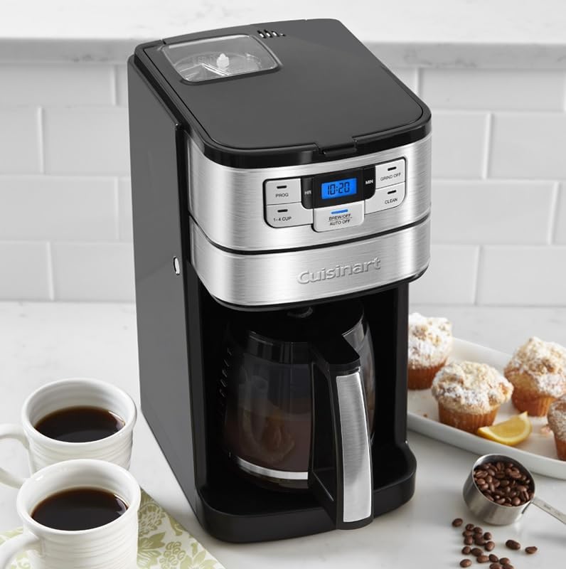 Cuisinart Automatic Grind & Brew 12-Cup Coffee Maker with Blade Grinder, Programmable Coffee Machine Glass Carafe with 1-4 Cup Setting, Brew Pause, Grind-Off Option, DGB-400NAS, Black/Stainless Steel