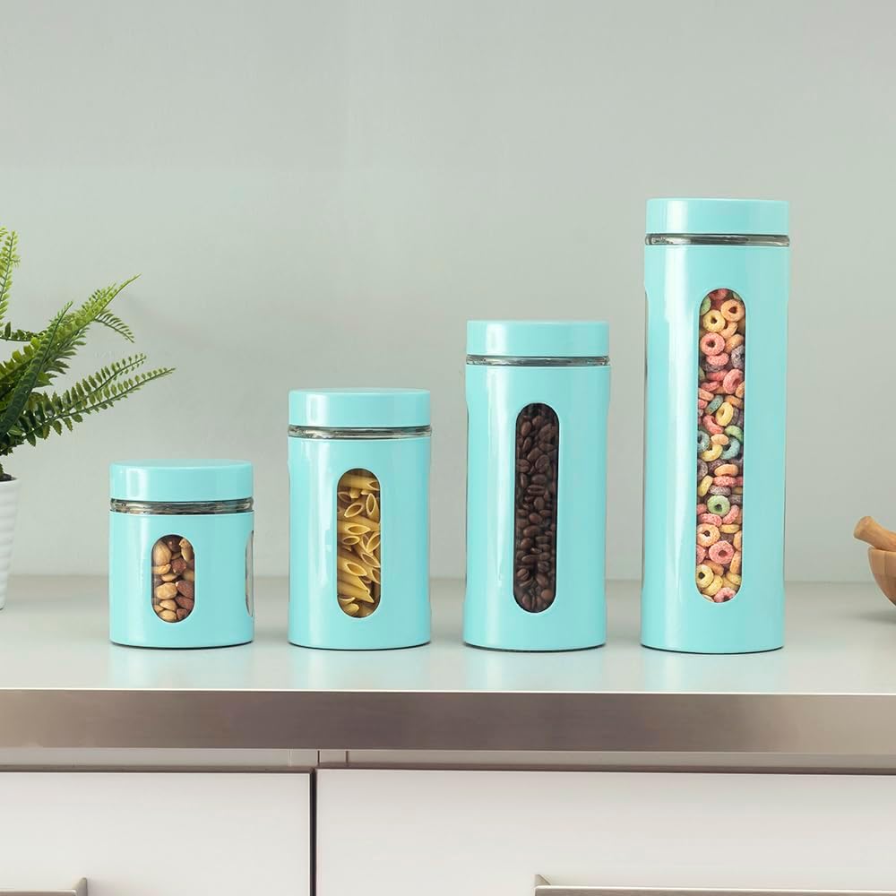 Kitchen Canisters Set For Countertop By Home Basics | Retro-Styled Canisters For Kitchen Counter | Stainless Steel and Glass, See-Through Windows (Turquoise), 4 Pieces