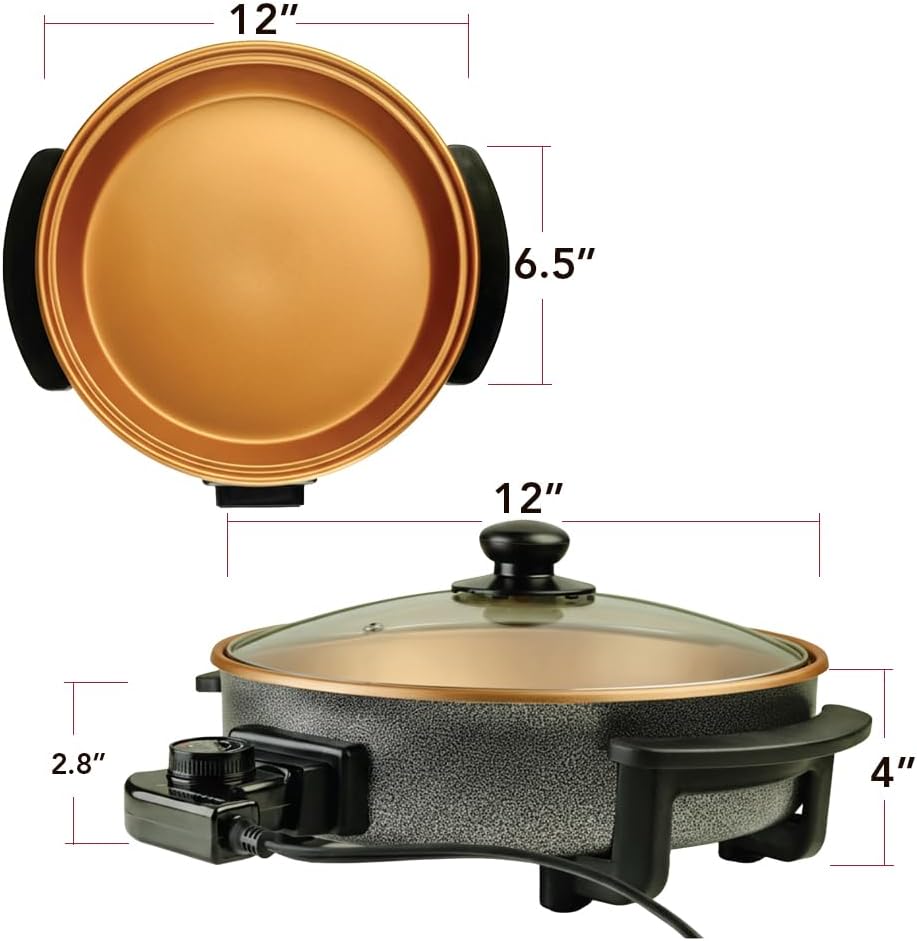 OVENTE 12 Inch Electric Skillet and Frying Pan with Nonstick Coating, 1400W Power, Adjustable Temperature Control, Tempered Glass Lid with Vent and Cool Touch Handles, Copper SK11112CO