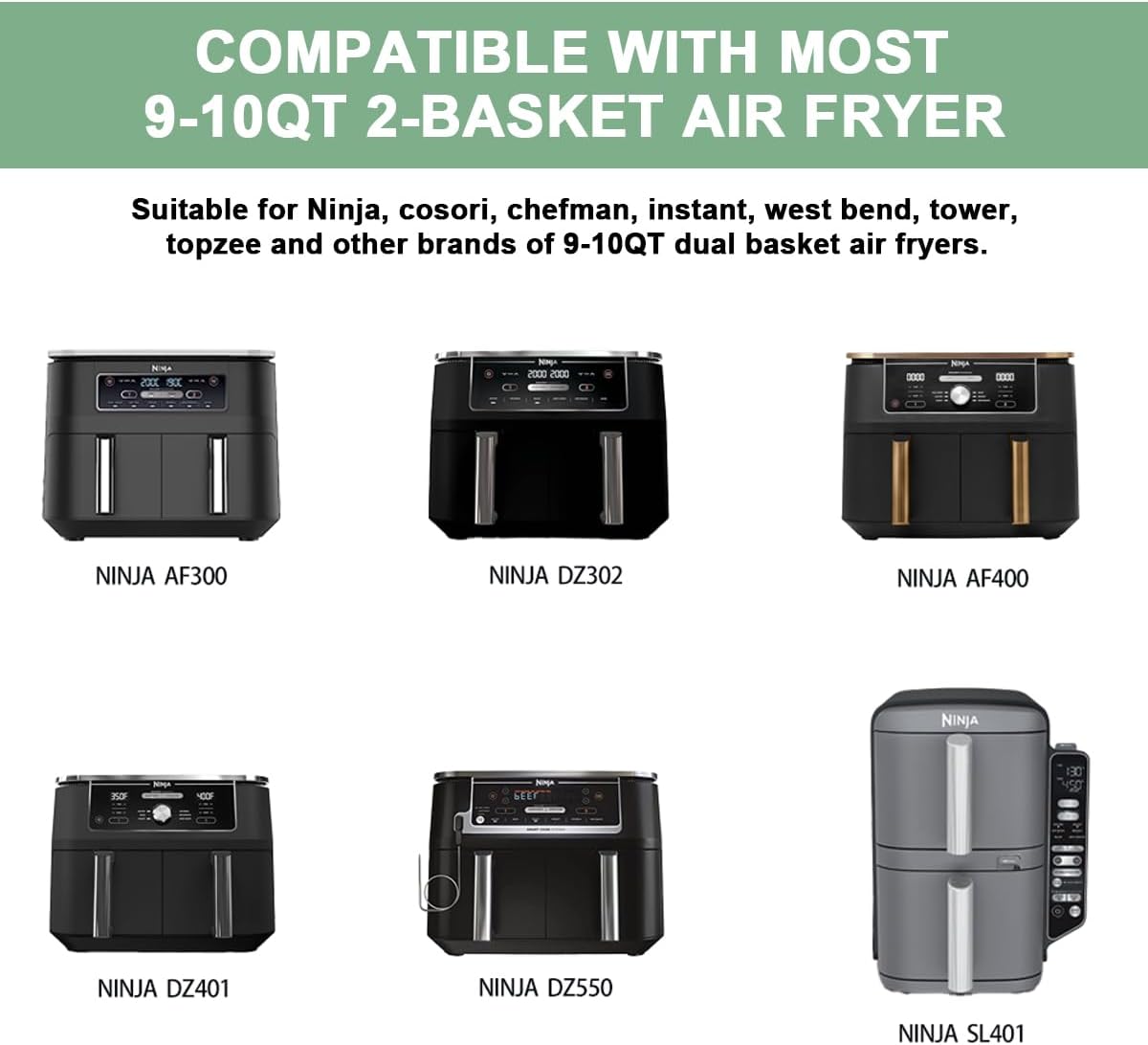 Ninja Silicone Air Fryer Liner 2Pack, 9-10QT Chefman Air Fryer Accessories, Reusable Air Fryer Basket for Ninja Foodi Max Dual Zone AF400 AF300 DZ201 Double Stack XL SL401