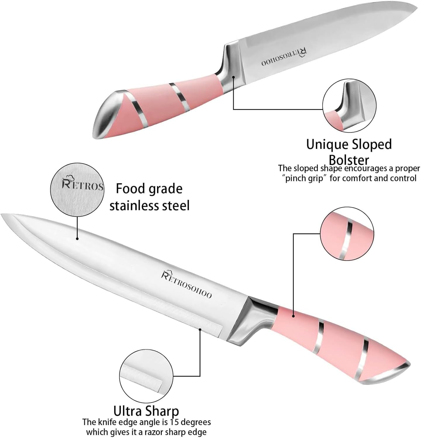 Kitchen Knife Set, Retrosohoo 9-Pieces Pink Sharp Non-Stick Coated Chef Knives Block Set,Stainless Steel Knife Set for Kitchen with Sharpener for Cutting Slicing Dicing Chopping (Pink)