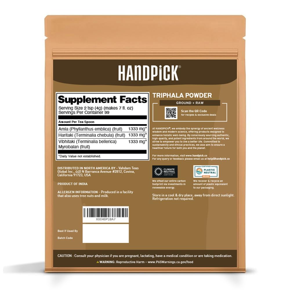 HANDPICK Triphala Powder (397g/14oz) Non GMO, Gluten Free, 100% Raw, Sourced from India, Herbal Formula of Amla, Haritaki, Bibhitaki, Packed in Resealable Zip Lock Pouch