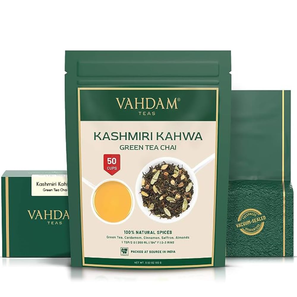 VAHDAM, Kashmiri Kahwa Tea (50 Cups/3.53oz) | Green Tea, Cinnamon, Cardamom, Almond & Saffron | Premium India Loose Leaf Tea | Vacuum Sealed for freshness