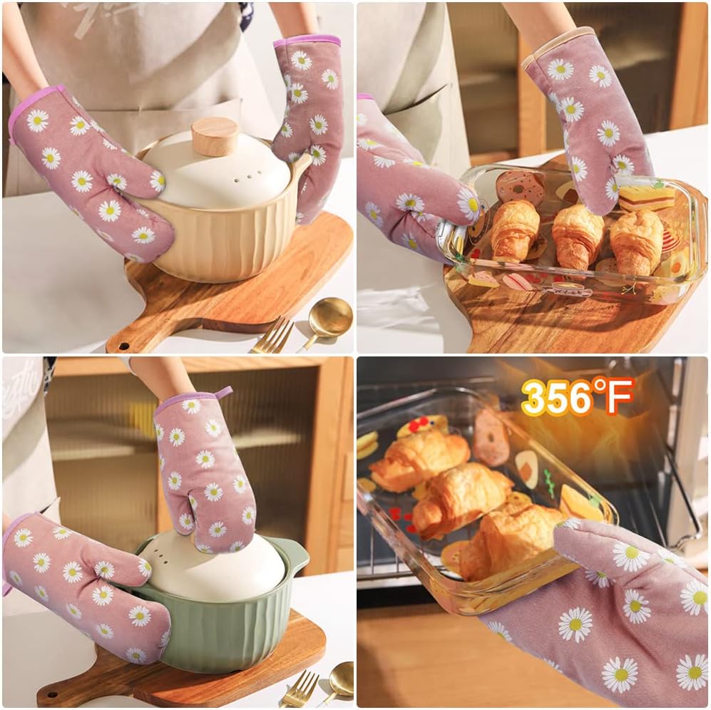 AUAUY Oven Mitts and Potholders, BBQ Gloves Heat Resistant, 1 Pair Oven Mitts and 2 Pot Holders, Cotton Non-Slip Cooking Gloves for Cooking Baking Kitchen Microwave Pizza(Daisy-Pink)