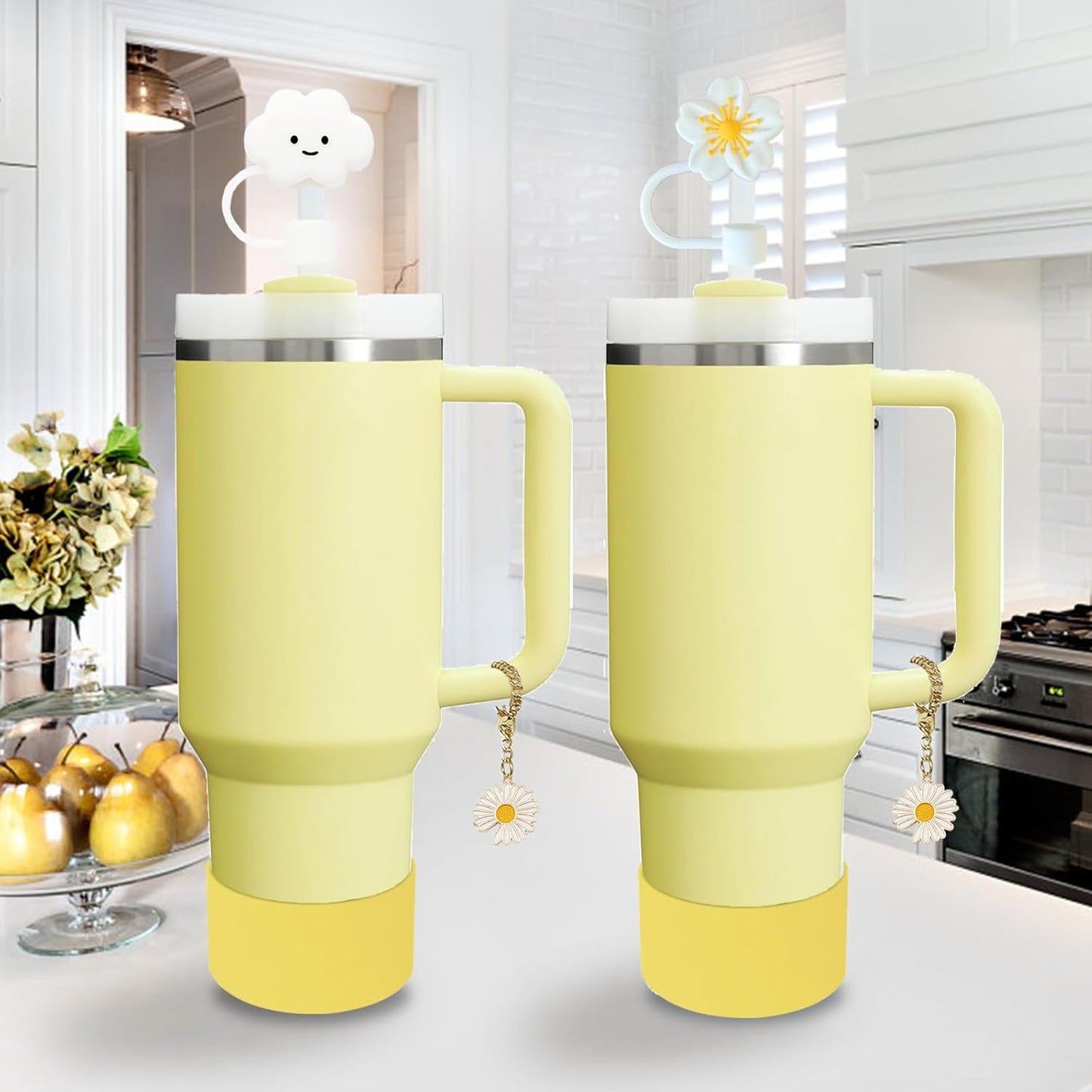 Stanley Cup Accessories Set,Including 2 Pcs 0.4in Straw Cover, 1 Silicone Spill-Proof Stopper, 1 Cute Handle Charm, 1 Silicone Boot Fits Stanley 40&30 Oz Tumbler (Lemon Yellow)