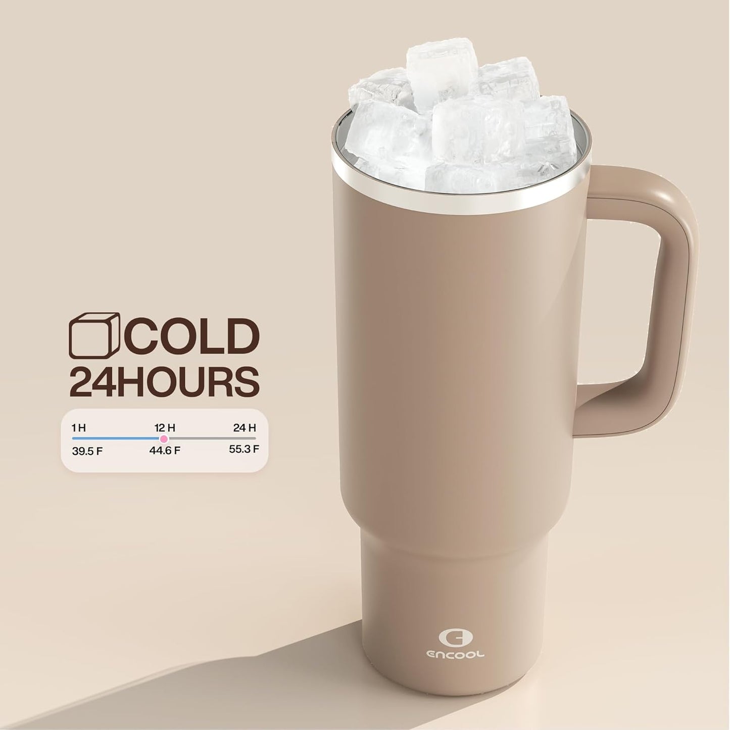 ENCOOL 40 oz Tumbler with Handle and Straw: Stainless Steel Insulated Tumbler Keeps Cold for 24 Hours, Leakproof Travel Cup Fits in Cup Holder and BPA-Free,Raw Umber