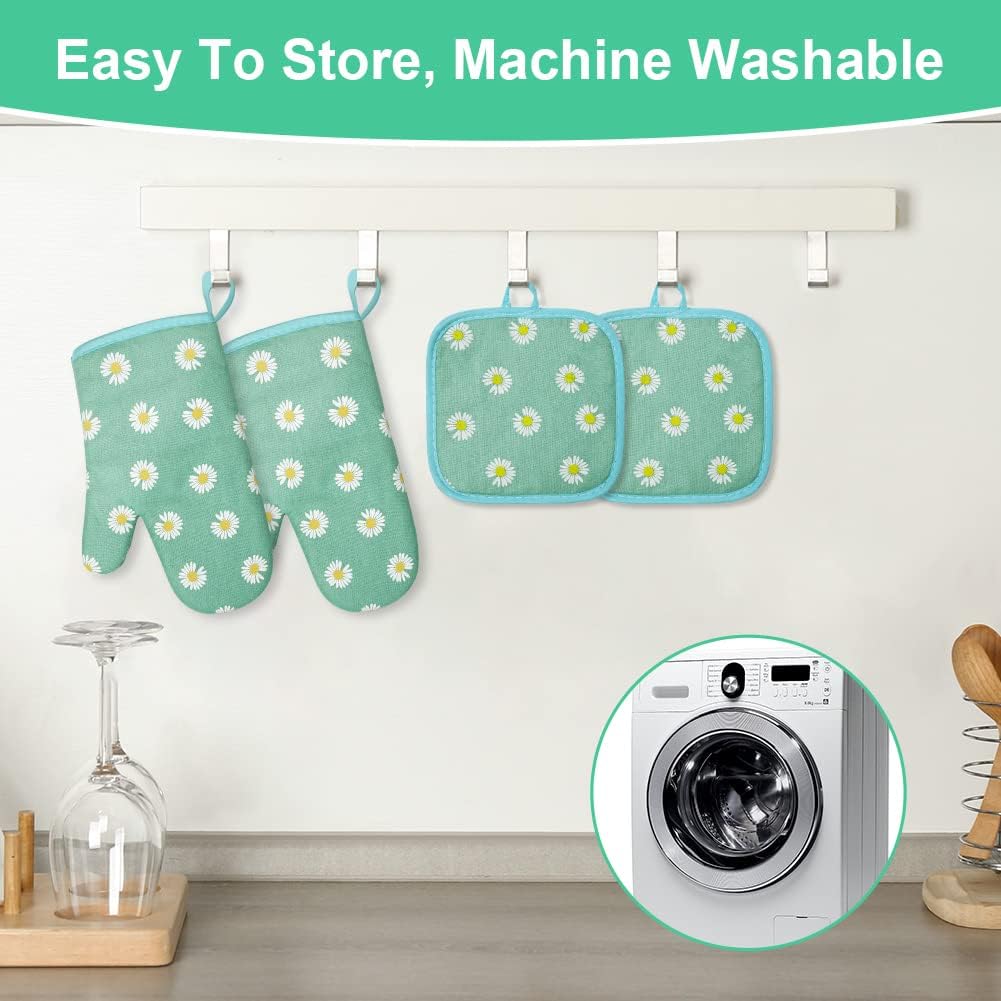 AUAUY Oven Mitts and Potholders, BBQ Gloves Heat Resistant, 1 Pair Oven Mitts and 2 Pot Holders, Cotton Non-Slip Cooking Gloves Home Essentials for Cooking Baking Kitchen Microwave Pizza (Daisy-Green)