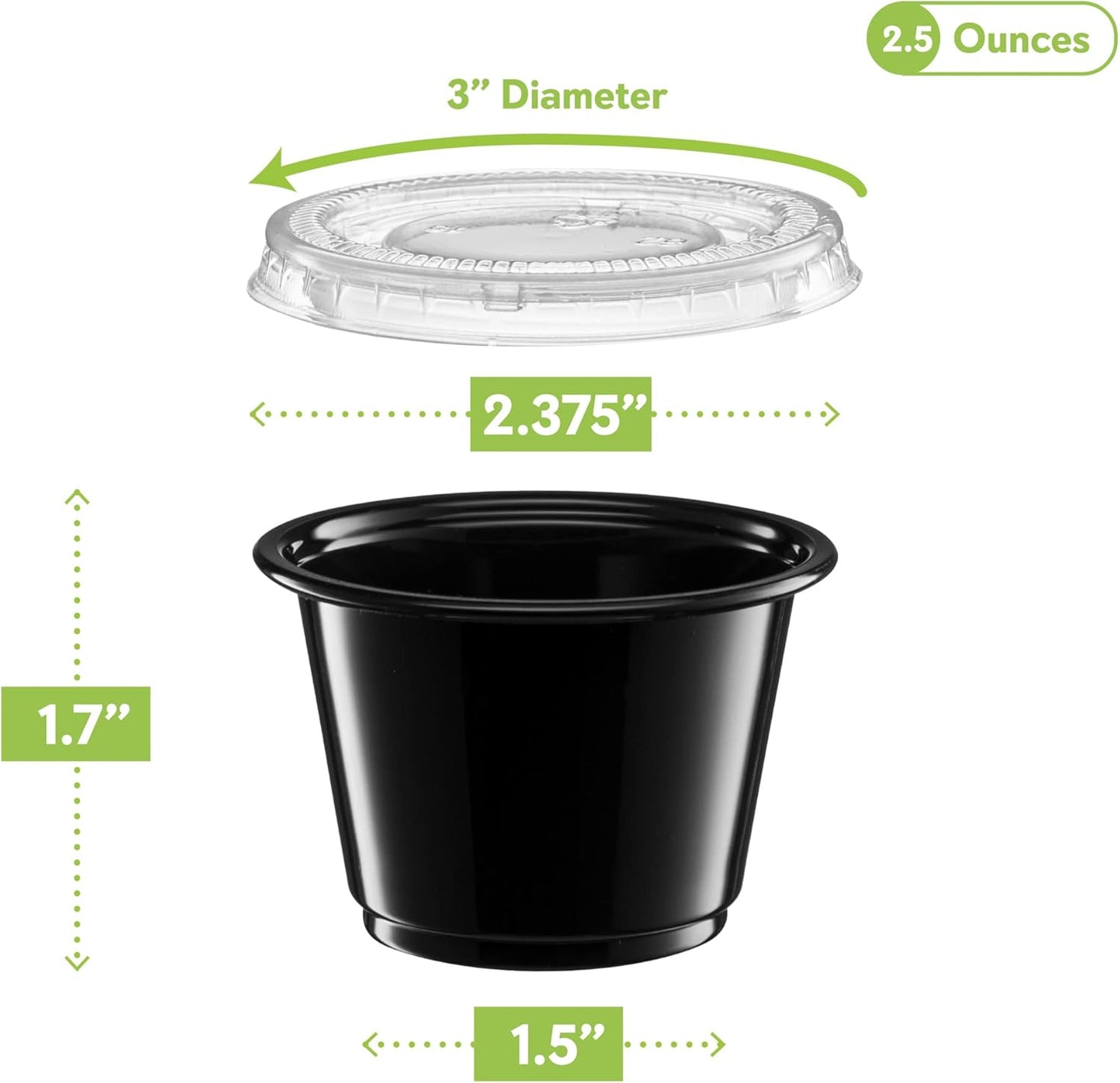 {2.5 oz - 100 Sets} Black Diposable Plastic Portion Cups With Lids, Small Mini Containers For Portion Controll, Jello Shots, Meal Prep, Sauce Cups, Slime, Condiments, Medicine, Dressings, Crafts,