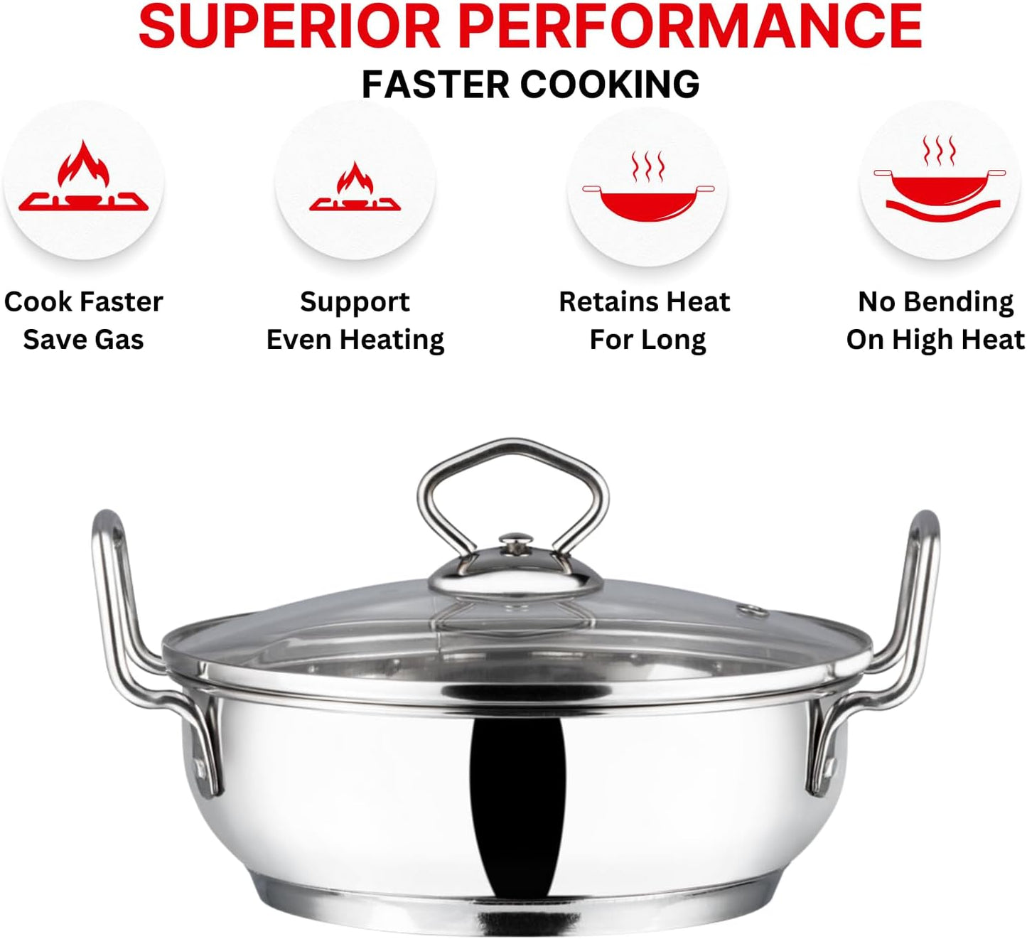Vinod Stainless Steel Kadai with Glass Lid Extra Thick SAS Heavy Base Kadai for Cooking Induction and Gas Compatible 125 oz 10.14 in 2-Year Silver