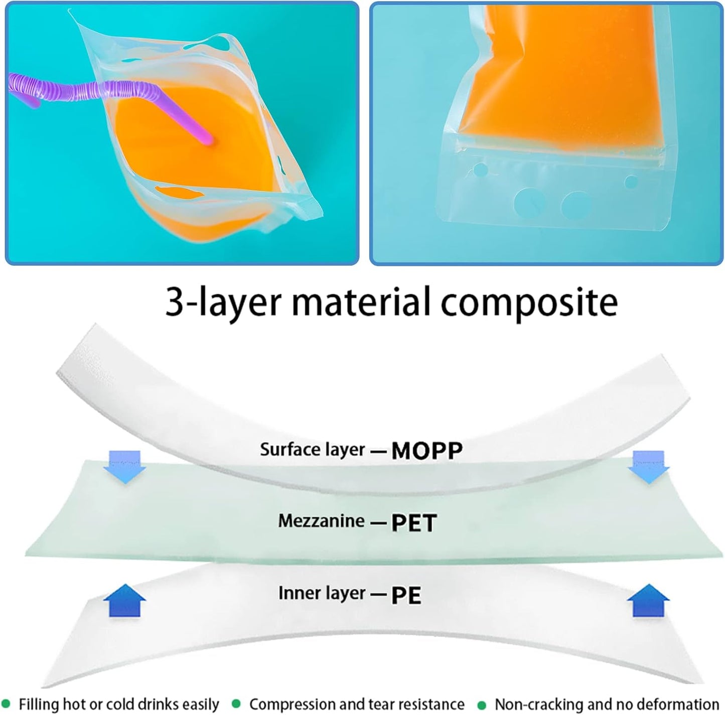 50 Pcs Drink Pouches, Juice Pouches for Adults, Reusable, Reclosable Zipper Smoothie Bags for Cold & Hot Drinks with 50 Straws & Silicone Funnel