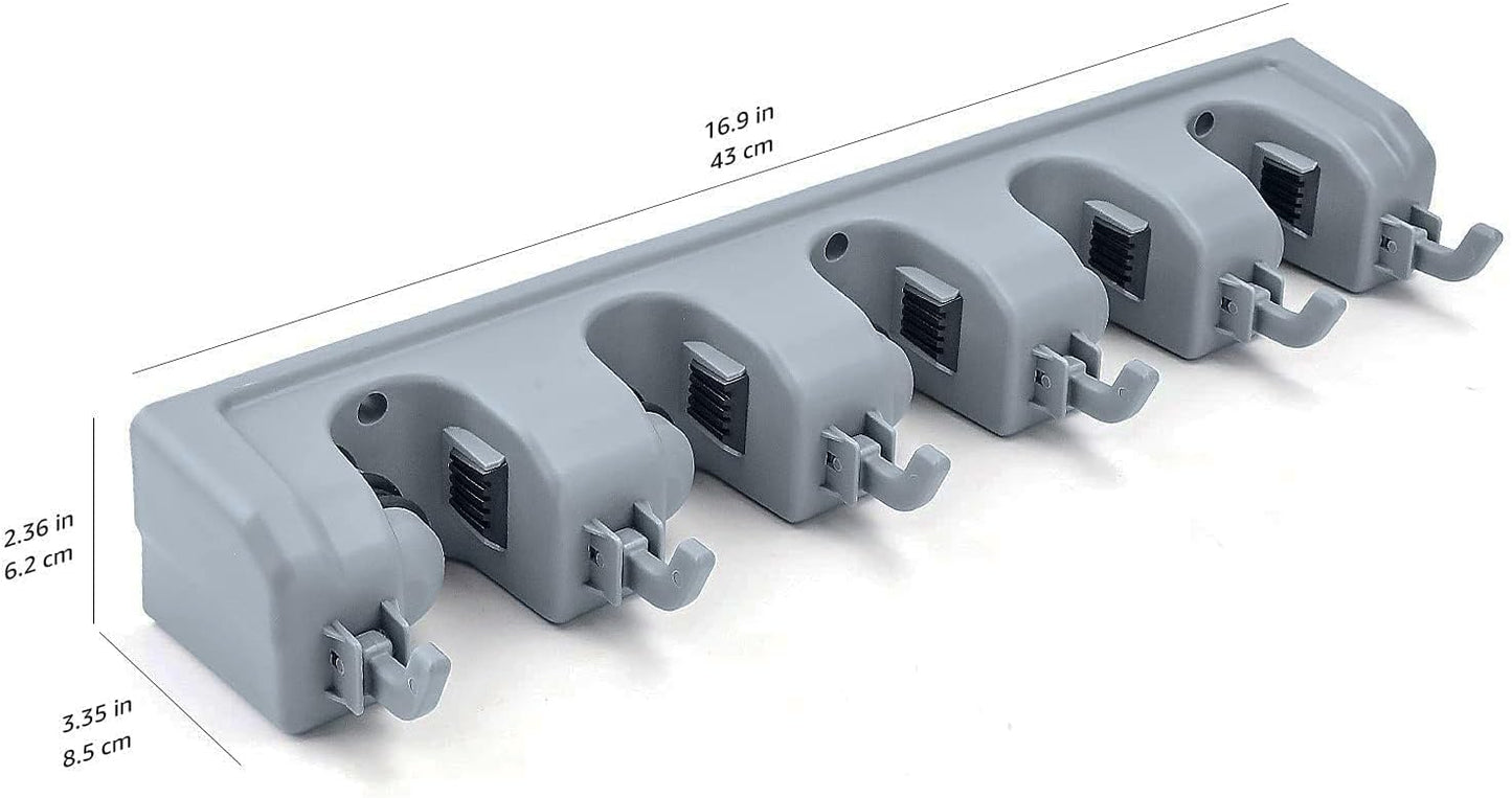 Amazon Basics Rectangular Heavy Duty, Wall Mount Storage Broom, Mop Holder or Tool Organizer with Hooks and Slots for Home, Garage, Garden, Laundry, or Kitchen, 2.36 x 16.9 x 3.35 in, Gray