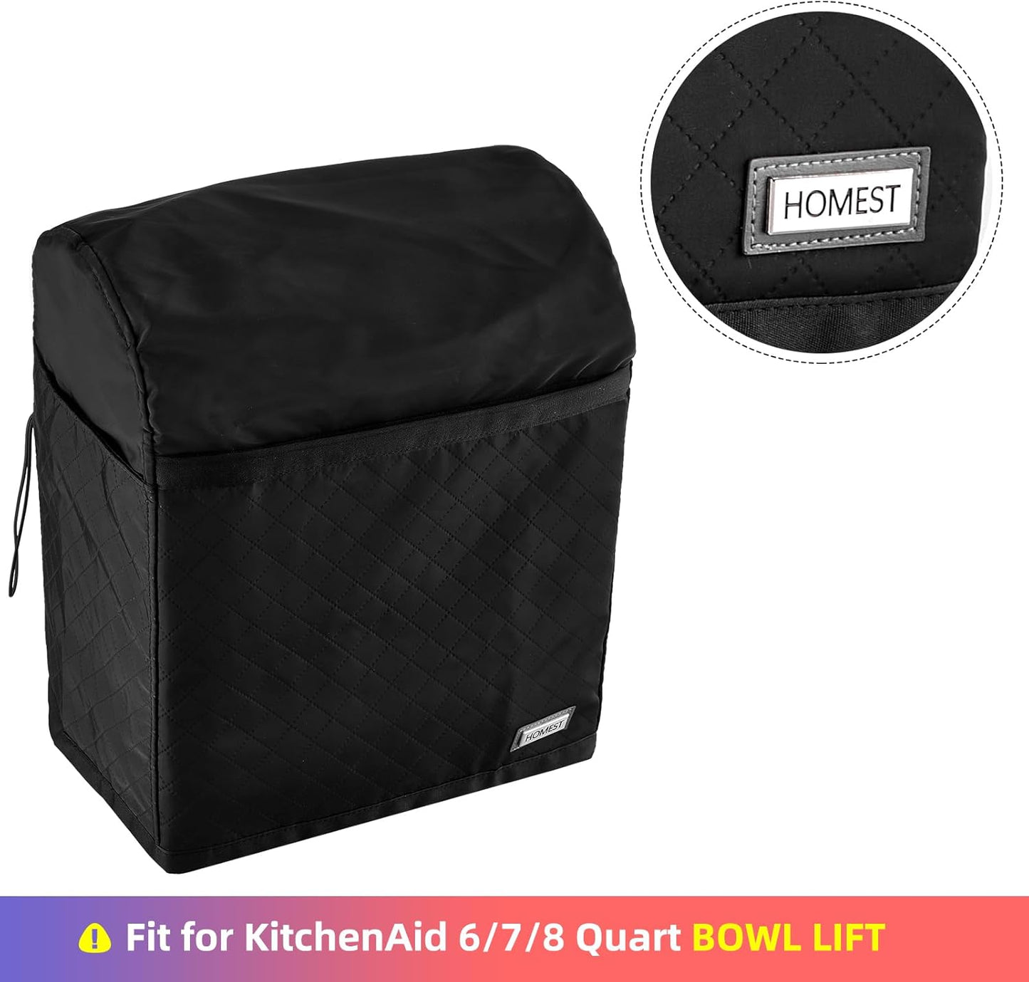 HOMEST Stand Mixer Quilted Dust Cover with Pockets Compatible with KitchenAid 6/7/8 Quart Bowl Lift, Black(Patent Design)