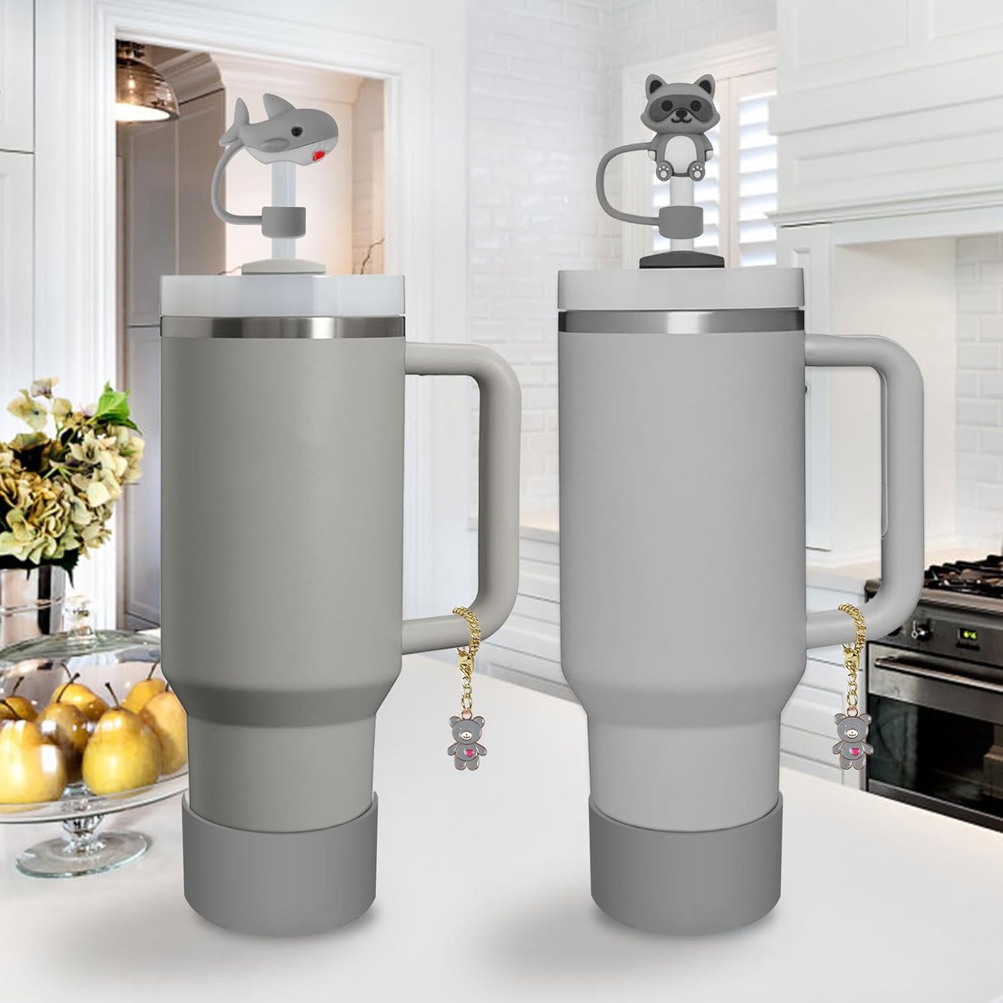 Stanley Cup Accessories Set,Including 2 Pcs 0.4in Straw Cover, 1 Silicone Spill-Proof Stopper, 1 Cute Handle Charm, 1 Silicone Boot Fits Stanley 40&30 Oz Tumbler (Grey)