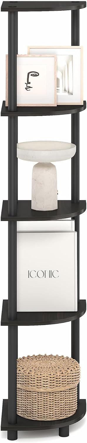 Furinno Turn-N-Tube Corner Shelf, 5-Tier Corner Bookshelf, Open Storage Shelves, for Organization and Storage, Living Room, Home Office, Garage, Bedroom, Black Espresso
