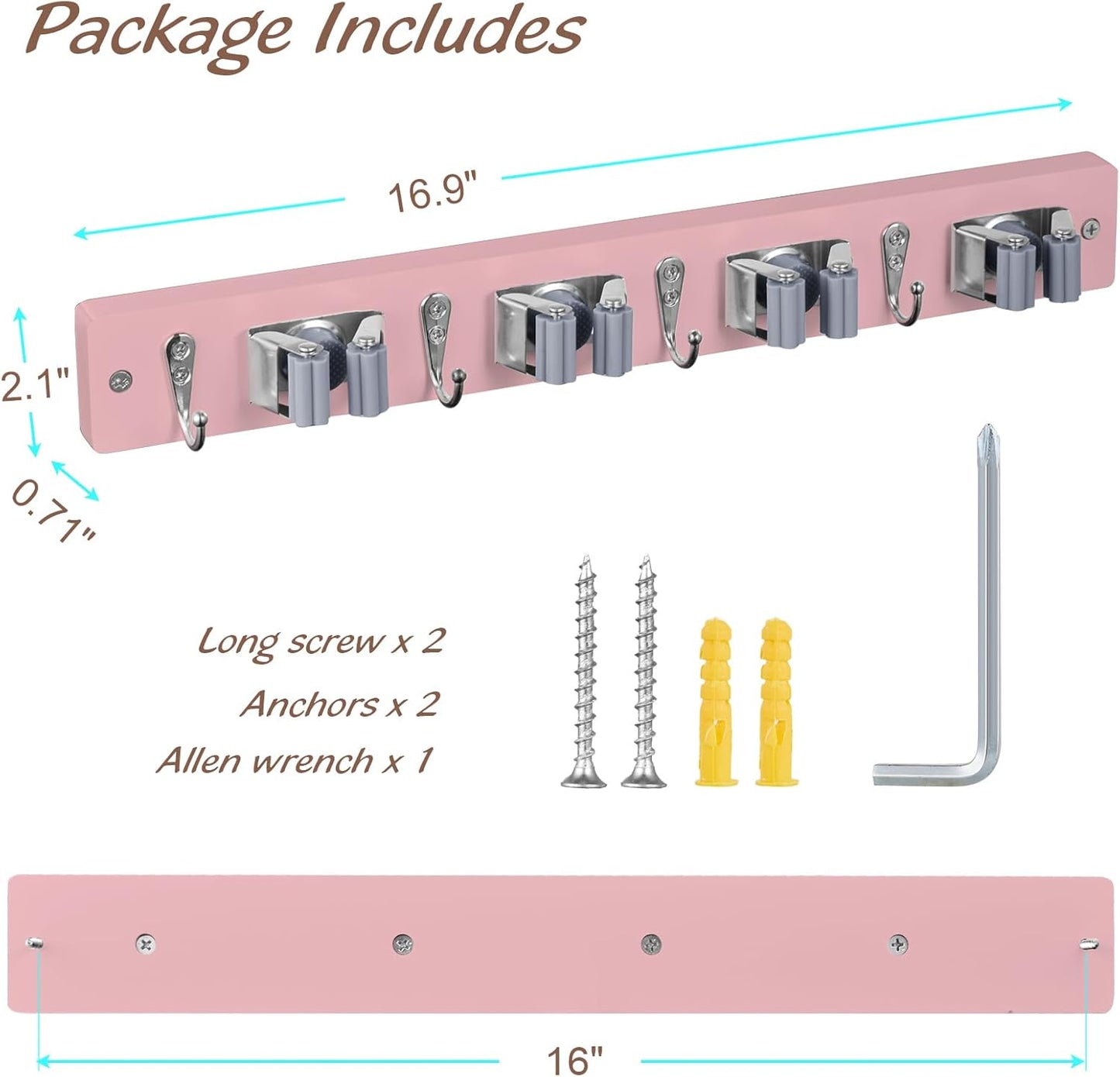 Pink Mop Broom Holder Wall Mount with 4 Slots & 4 Hooks - Wood Broom Mop Hanger for Pantry Closet Laundry Room Kitchen Organization - for Pink Kitchen Decor and Accessories