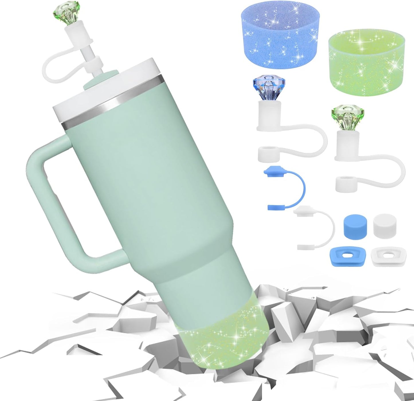 Mity rain Set for Stanley Cup Accessories, Including 2Pcs Straw Topper, 4Pcs Silicone Spill Proof Stopper, 2Pcs Protective Glitter Silicone Boot, Set for Stanley Cup 40/30 OZ (Blue+green)