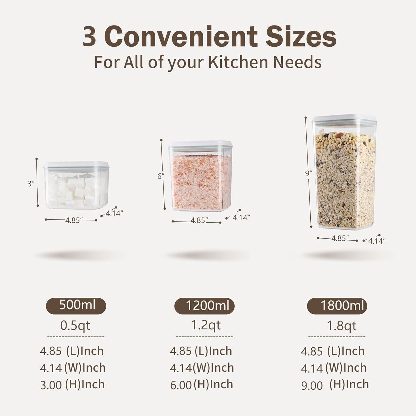 Pop Airtight Food Storage Containers Set with Lids, 6 Pcs Stackable One Button Opening Food Containers Kitchen Pantry Organization and Storage, BPA Free Stackable Cereal Container (0.5, 1.2, 1.8qt)*2