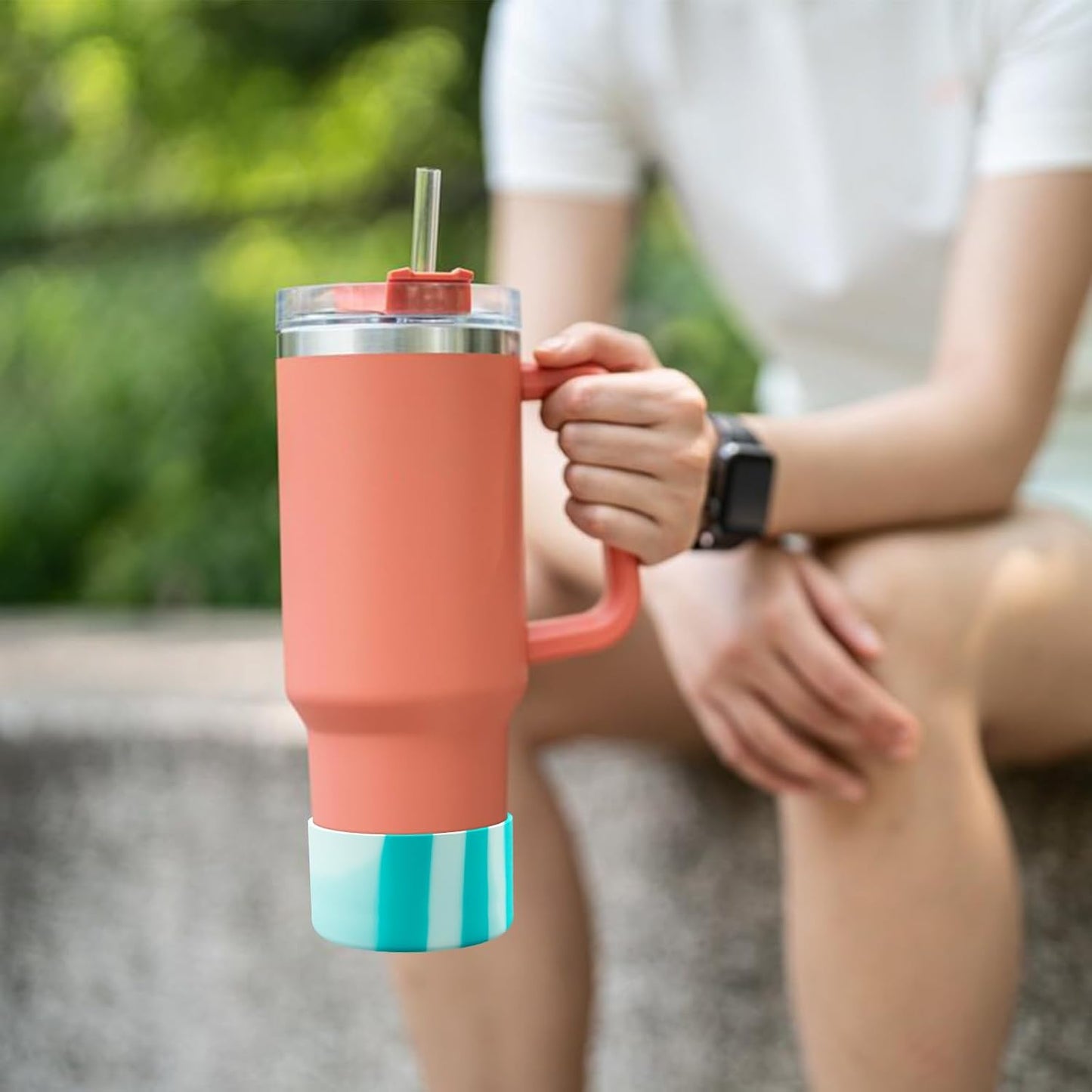 Upgrade 2PCS Protective Silicone Boot Bumper for Stanley Quencher Adventure 40oz 30oz IceFlow 20oz 30oz Tumbler, Water Bottle Bottom Sleeve Cover Accessories for Stanley Mug Cup(Cyan+White)