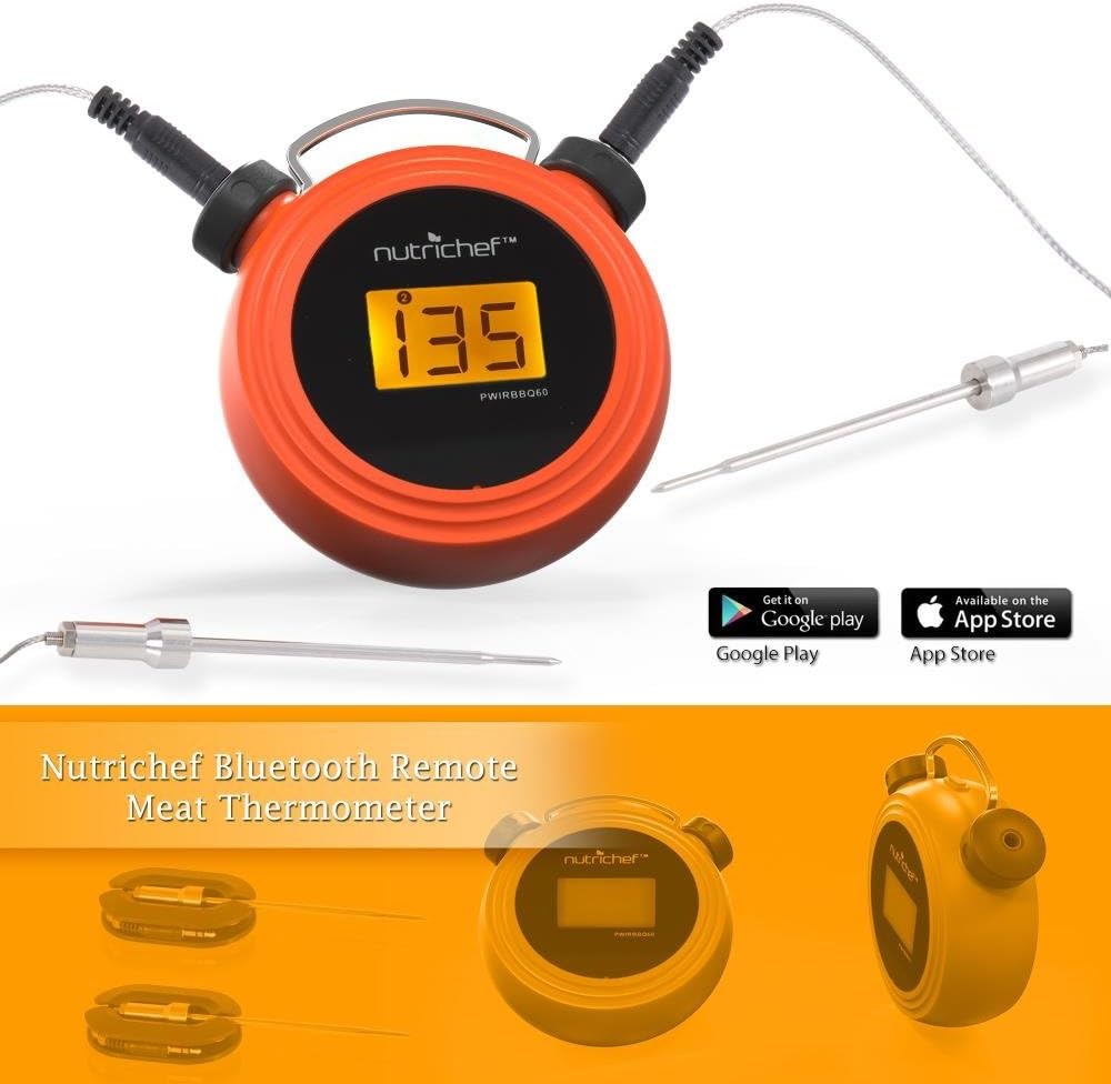 NutriChef Smart Bluetooth BBQ Grill Thermometer - Digital Display, Stainless Dual Probes Safe to Leave in Outdoor Barbecue Meat Smoker - Wireless Remote Alert iOS Android Phone WiFi App - PWIRBBQ60