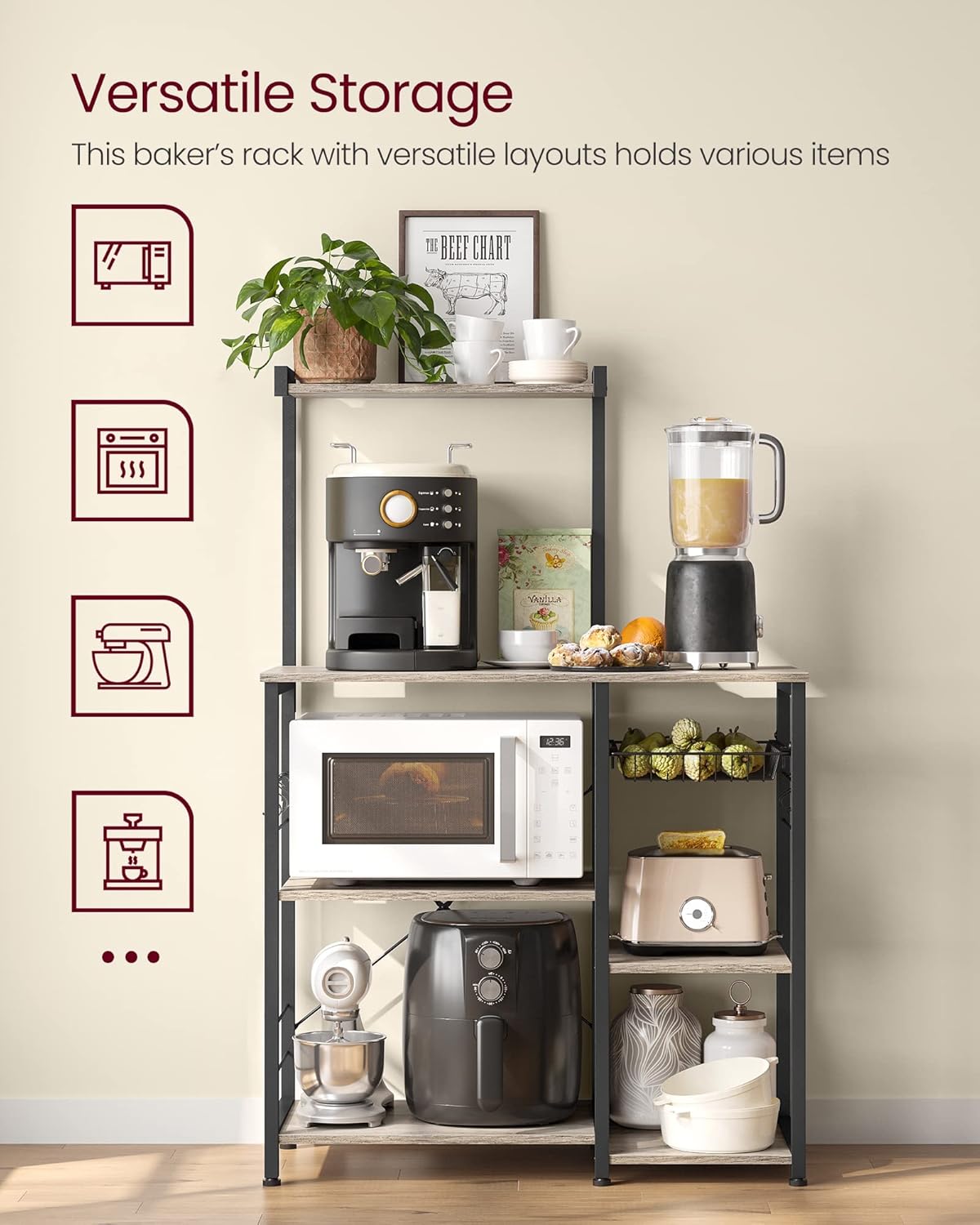 VASAGLE Baker's Rack, Microwave Stand, Kitchen Storage Rack with Wire Basket, 6 Hooks, and Shelves, for Spices, Pots, and Pans, Heather Greige and Ink Black UKKS035B02