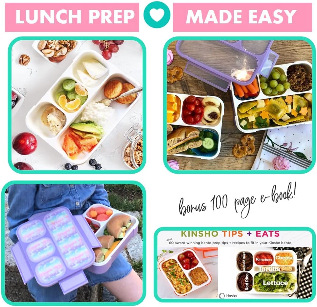 kinsho Bento-Box Lunch-Boxes for Kids, Girls, Lunch and Snack Containers for Toddler Daycare, School, Travel BPA-Free, 4 Divided Compartments Utensils (Purple Rainbow Unicorn, 2 Pack)