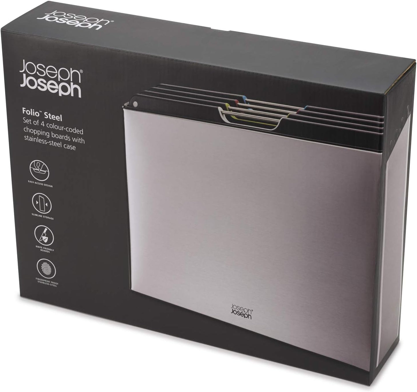 Joseph Joseph Folio 4-Piece Colour coded Cutting Board Set, Stainless Steel Slimline case for organized Kitchen storage, Silver