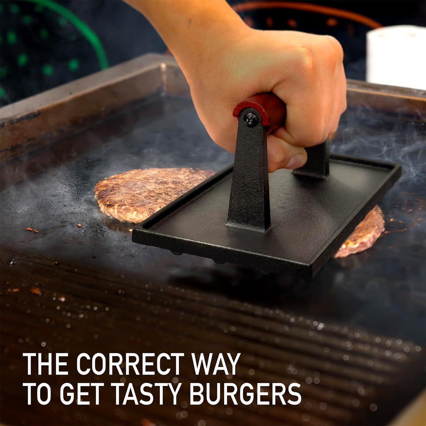 Cast Iron Bacon Press 7" Round & Rectangle 8"x4" Cast Iron Grill Press - Meat Press for Bacon, Steak, Burgers and Sandwiches - Non-Stick Griddle Press with Cool-Touch Wood Handle