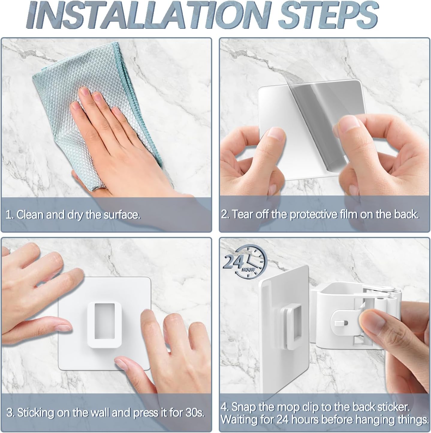 3-H 24-Pack Self Adhesive Broom Holder Wall Mount - Heavy Duty No Drill Broom Organizer for Garage Closet Kitchen, Plastic Storage Rack for Brooms Mops Tools, Peel and Stick Adhesive, White