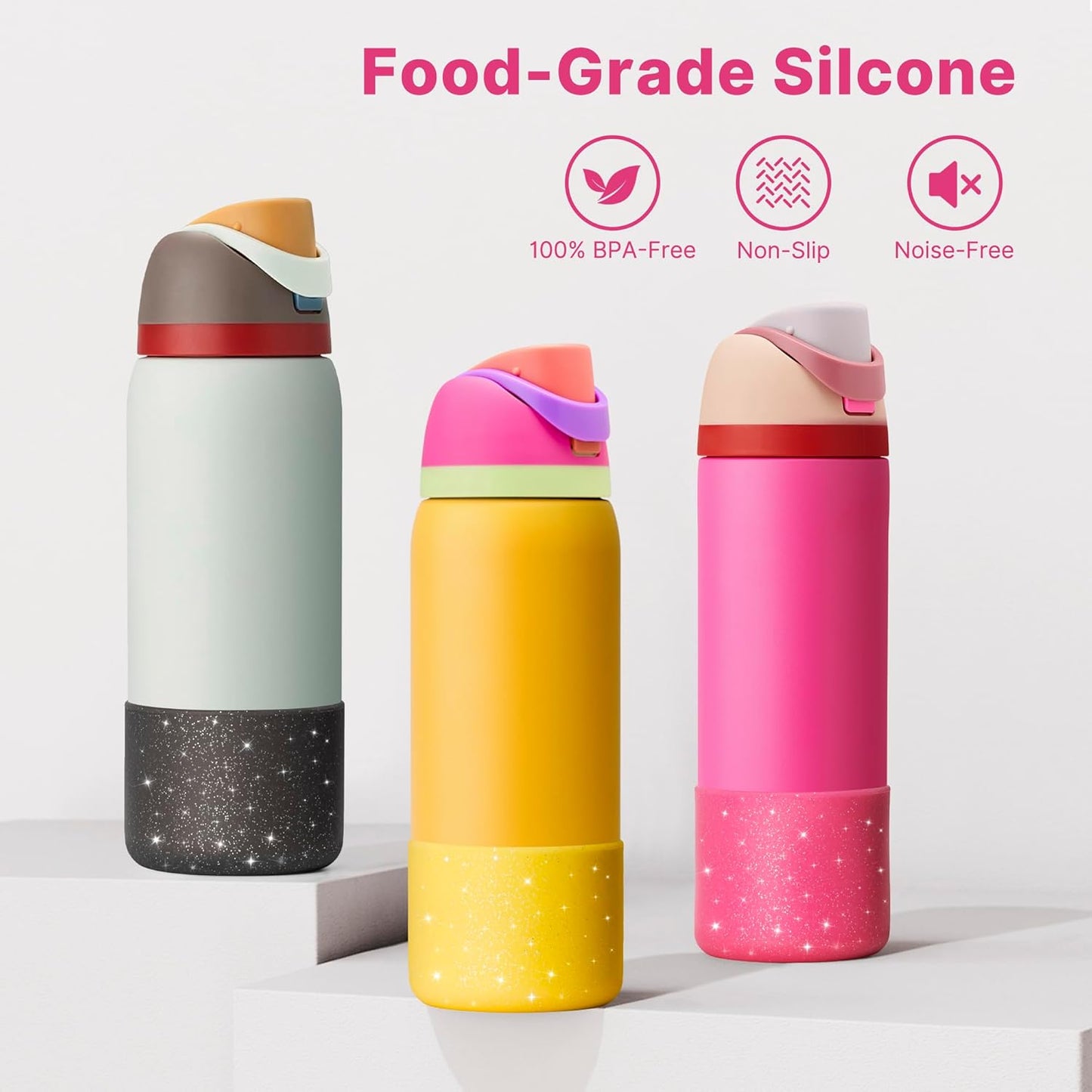 Silicone Water Bottle Boot for Owala 40 oz, Anti-Slip Protective Sleeve for Owala Twist & FreeSip & Flip Stainless Steel Water Bottle, Boot Bottom Base (Glitter Yellow)