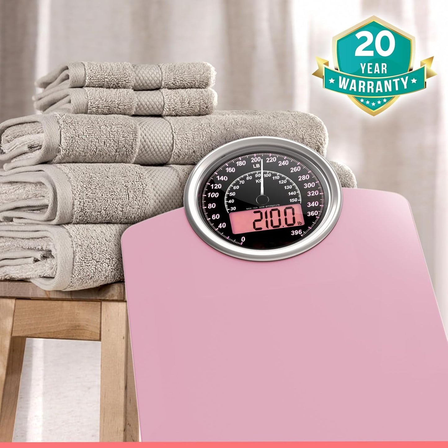 Adamson Hybrid 2-in-1 Analog & Digital Weighing Scale for Body Weight up to 400lbs - Thick Tempered Glass - Extra Large Display - Easy to Read Digital Bathroom Scale - New - Pink