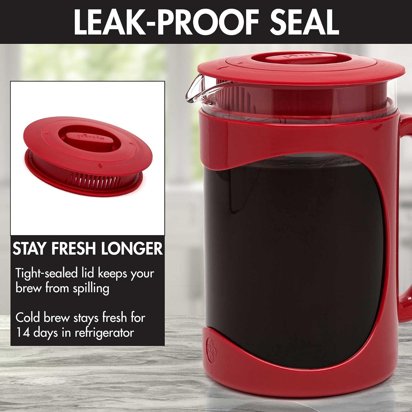 Primula Burke Deluxe Cold Brew Iced Coffee Maker, Comfort Grip Handle, Durable Glass Carafe, Removable Mesh Filter, Perfect 6 Cup Size, Dishwasher Safe, 1.6 qt, Red