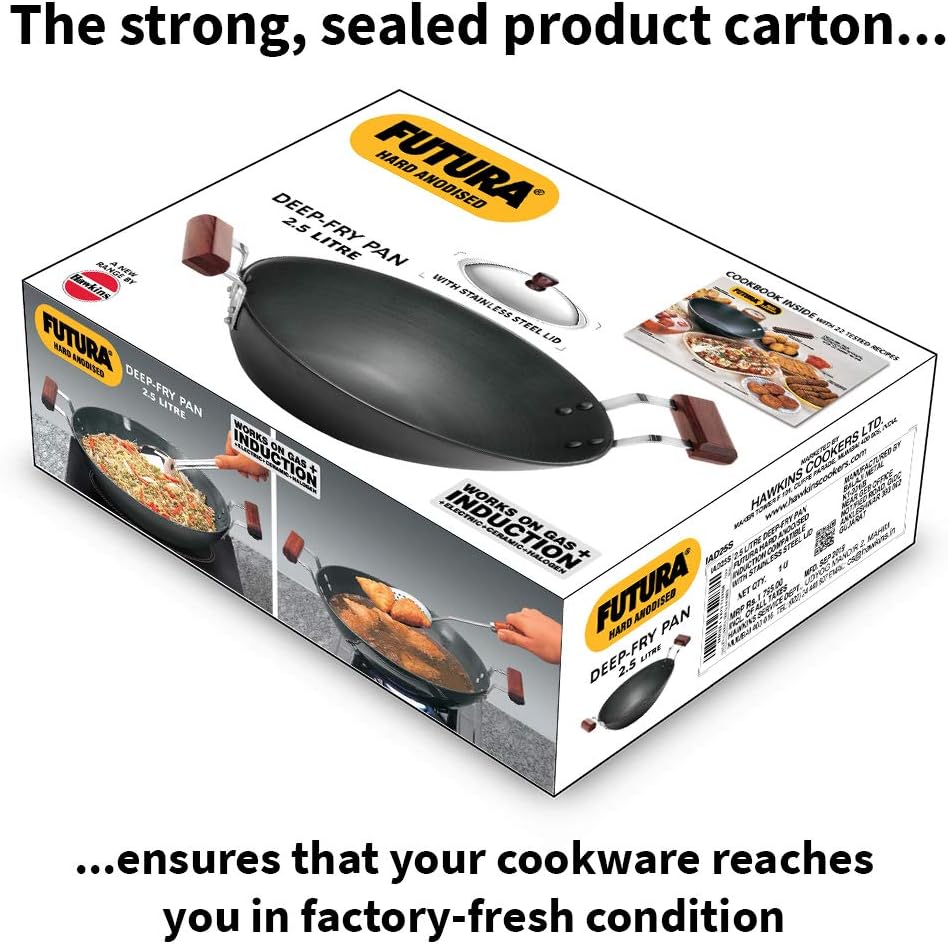 Hawkins Futura 2.5 Litre Deep Fry Pan, Hard Anodised Kadai with Stainless Steel Lid, Flat Bottom Induction Kadhai, Black (IAD25S)