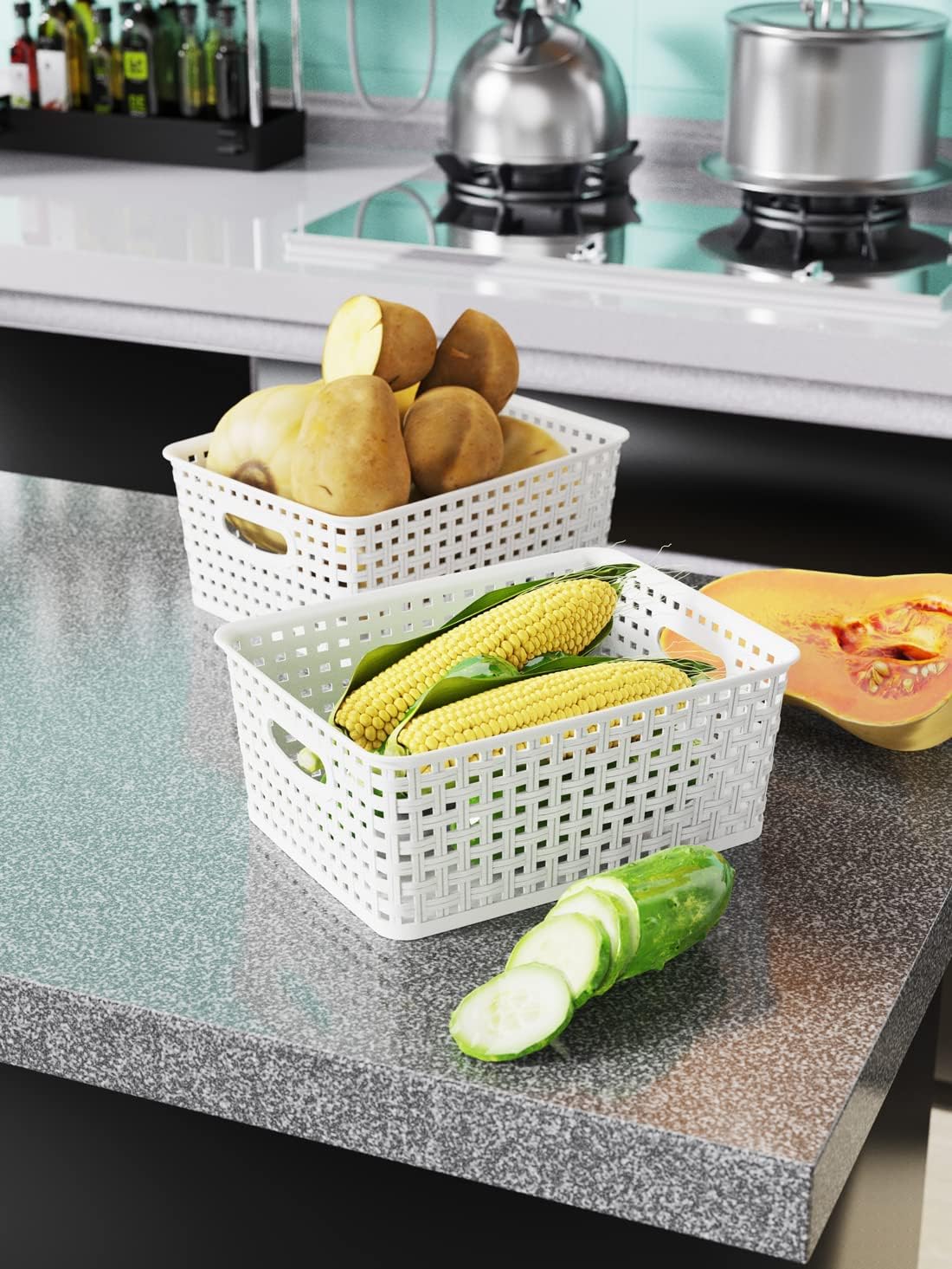 Woven Plastic Storage Baskets, 6 Pack White Weave Bins Organizer, 10.1" x 7.55" x 4.1"