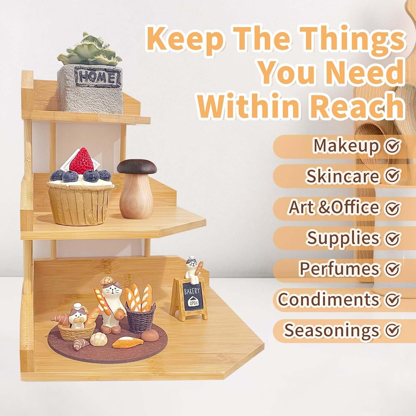 HYNAWIN Bamboo Spice Rack Corner Shelves-3 Tier Standing Pantry Shelf for Kitchen Counter Storage,Bathroom Countertop Storage Organizer-Irregular Pattern Desk Bookshelf