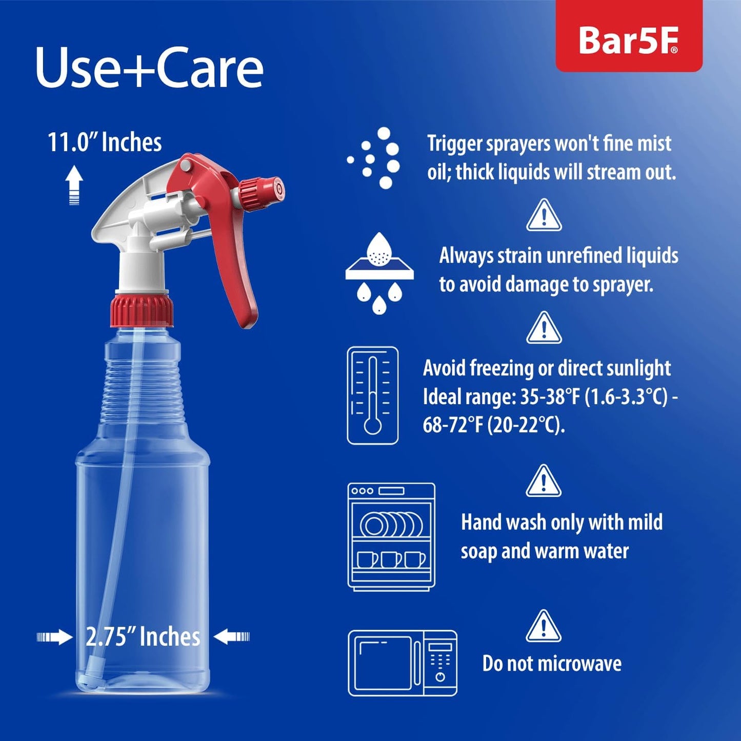 Bar5F Empty Plastic Spray Bottles 16-Ounce BPA-Free Food Grade Crystal Clear M-Series Fully Adjustable Sprayer (not for oil), 2-Pack