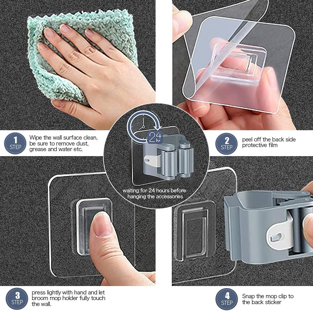3-H 24-Pack Self Adhesive Broom Holder Wall Mount - Heavy Duty No Drill Broom Organizer for Garage Closet Kitchen, Plastic Storage Rack for Brooms Mops Tools, Peel and Stick Adhesive
