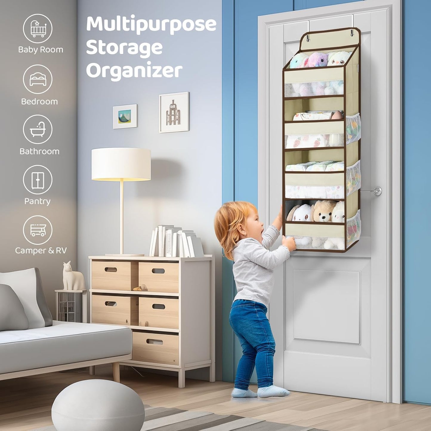 Yecaye 2 Pack Over the Door Organizer, 35.2lbs Load Toy Stuffed Animal Storage, Swing-proof Hanging Bathroom Organizers and Storage for Nursery Newborn Baby Essential Stuff Dorm Room Essentials Beige