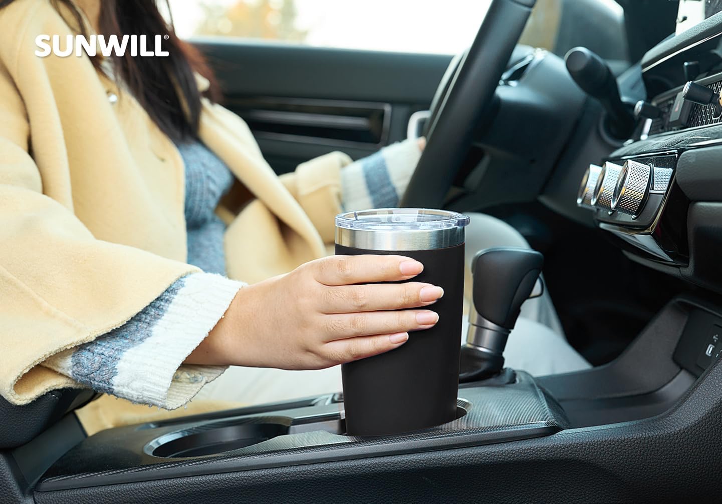 SUNWILL Travel Coffee Tumbler 20 oz, Insulated Mug with Lid, Stainless Steel Cup for Outdoor, Powder Coated Black