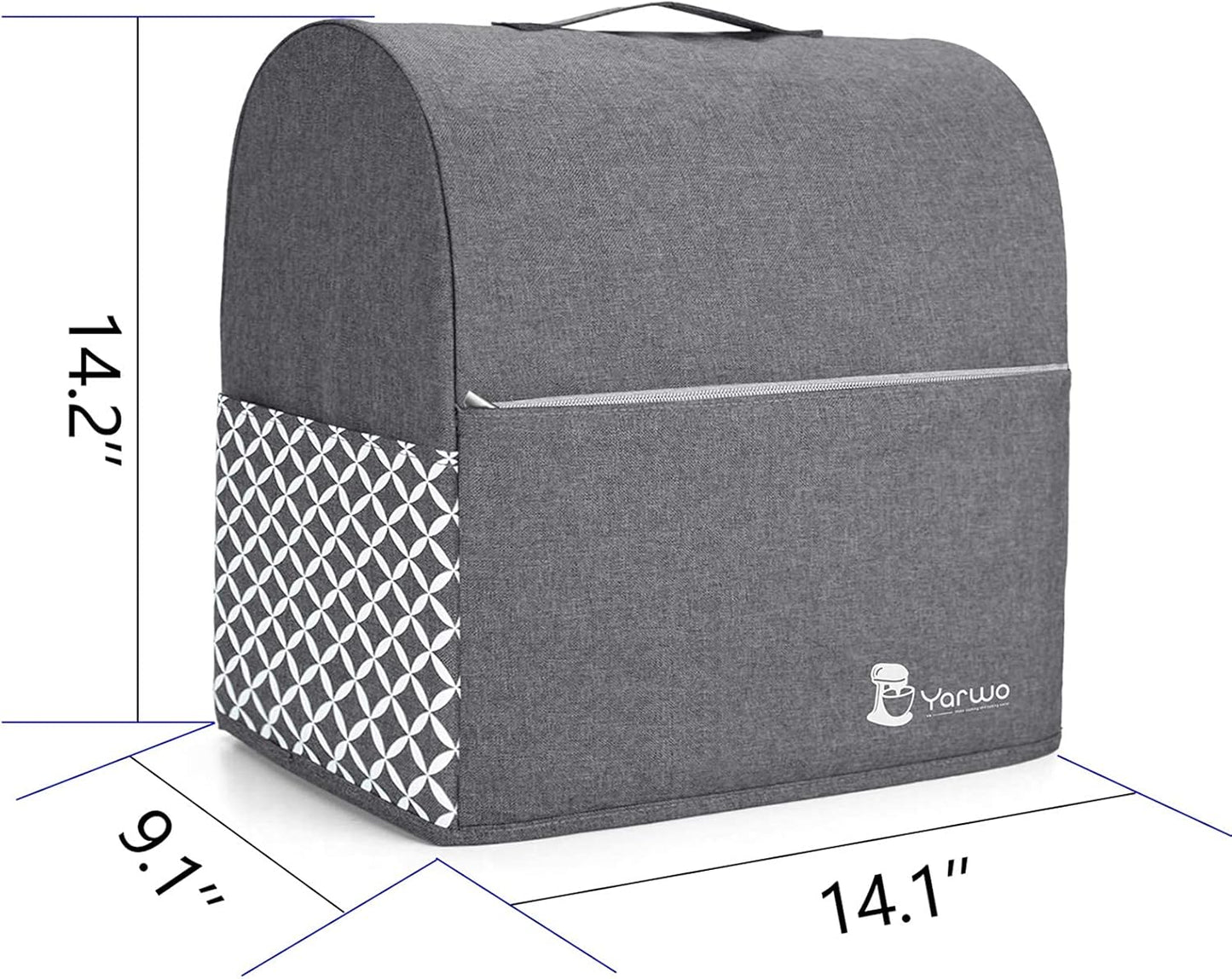 Yarwo Stand Mixer Cover Compatible with 4.5 qt and All 5 qt KitchenAid Mixer, Protective Dust Cover with Top Handle and Pockets for Accessories, Gray with Grid