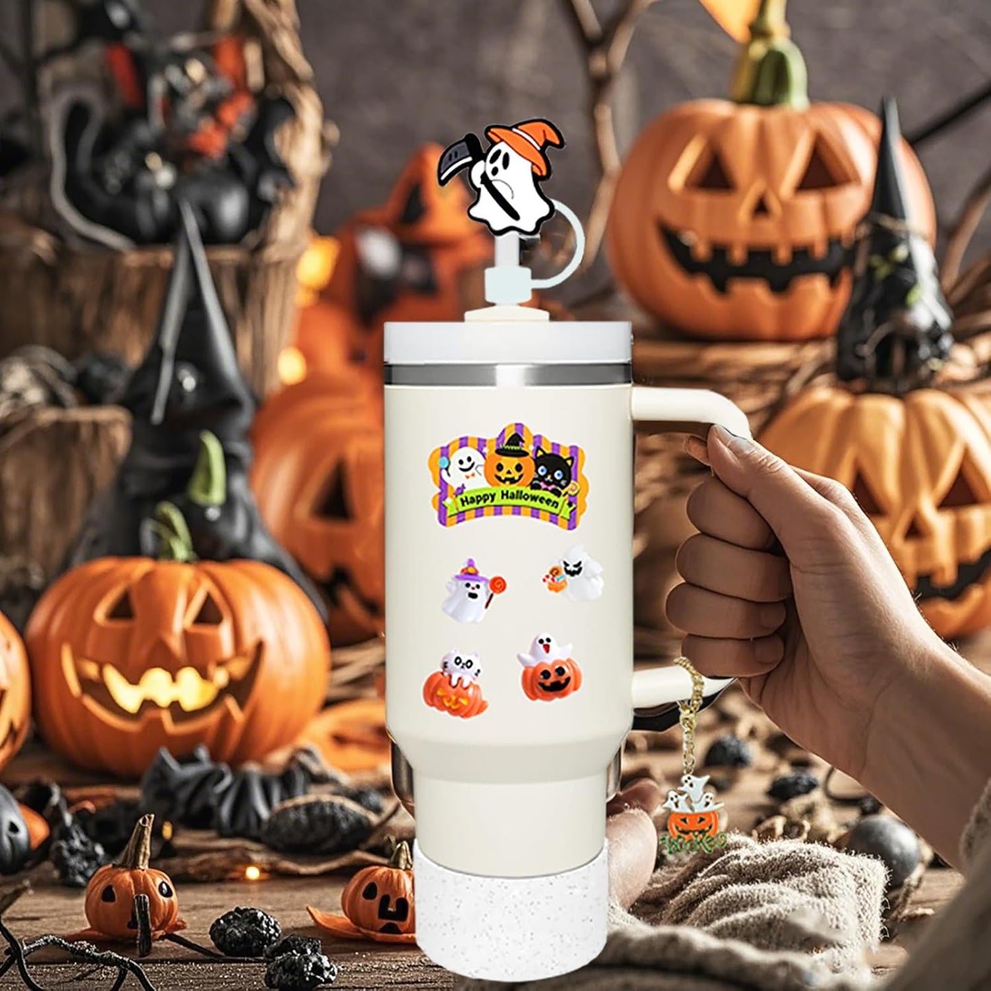 Stanley Cup Accessories Set,Including 3 Pcs 0.4in Halloween Straw Cover, 5 Pcs Halloween 3D&Flat Stickers, 1 Pcs Handle Charm, 1 Silicone Boot Fits Stanley 40&30 Oz Tumbler (Glitter Transparent)