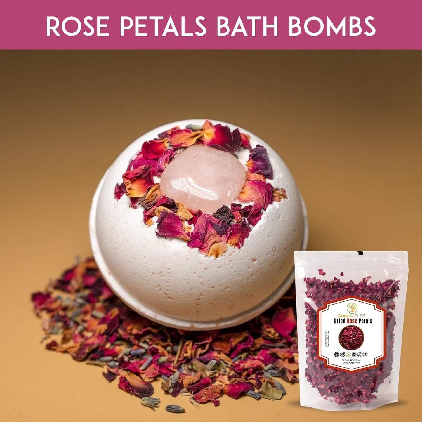 Cure Wid Pure Certified Organic Dried Rose Petals 7oz Food-Grade Edible Rose Petals for Tea,Cocktails,Baking,Skincare & DIY - Sun-Dried,Non-GMO,Gluten & Chemical-Free Edible Flowers in Resealable Bag