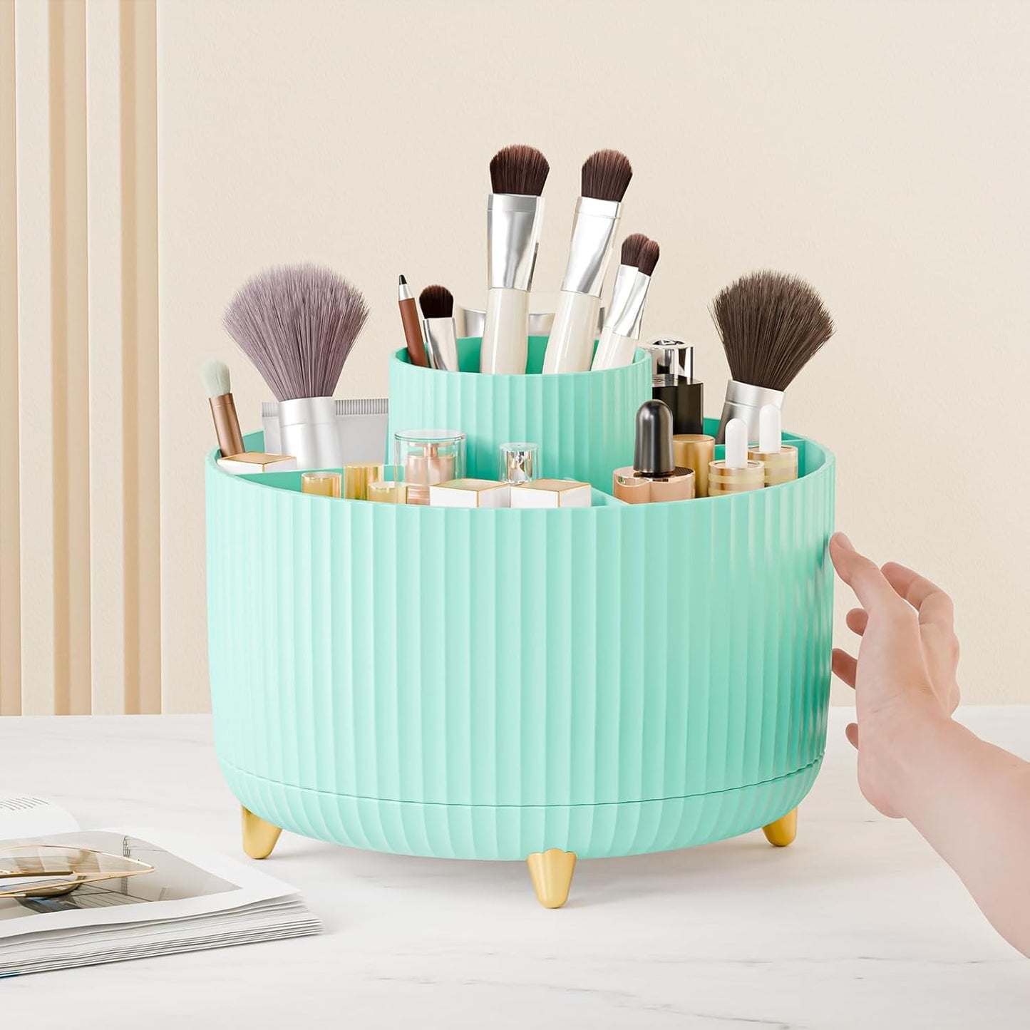 360° Rotate Makeup Brush Holder Organizer, Makeup Organizers Countertop, Makeup organization and Skincare Storage for Vanity, Desktop, Bathroom (Mint Green)