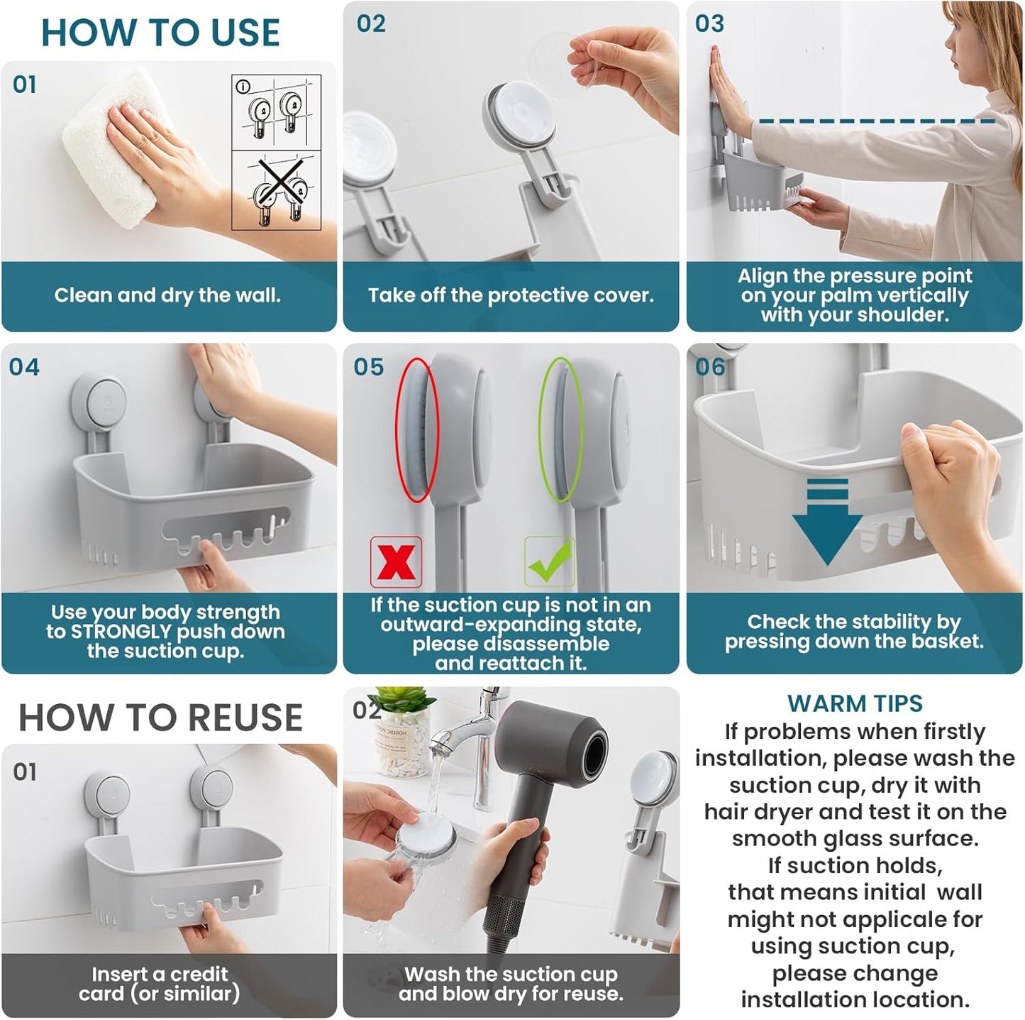 TAILI Shower Caddy Suction Cup 2 Pack, Heavy Duty Bathroom Organizer, Removable Shelves for Inside Shower, Shampoo, Waterproof Suction Plastic Storage for Bathroom Accessories Holder, Gray