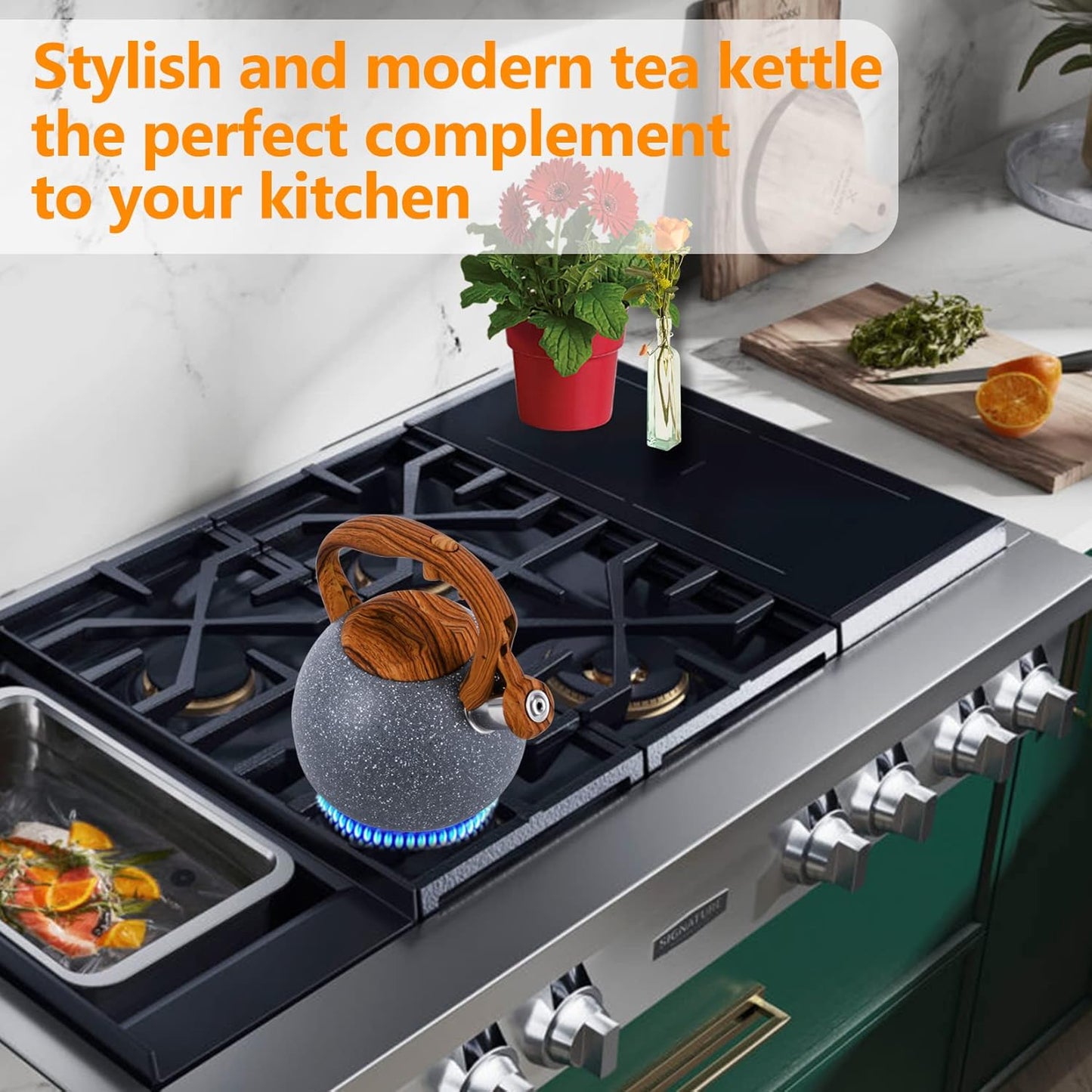 Tea Kettle, 3.2 Quart Whistling Tea Kettle Stovetop, Tea Pots for Stove Top Food Grade Stainless Steel with Wood Pattern Handle, Grey Teapot