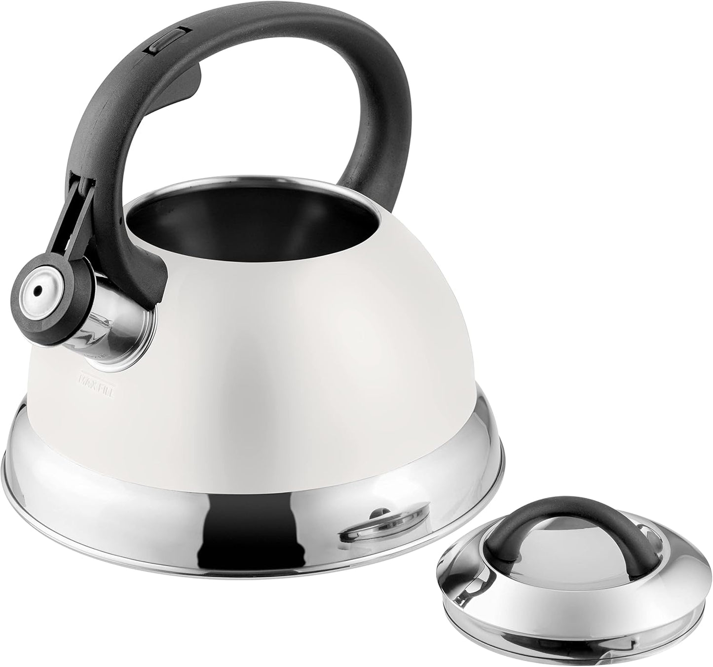 Mr. Coffee Flintshire 1.75-Quart Stainless Steel Whistling Tea Kettle with Nylon Handle – Durable Stove-Top Kettle in Linen Finish
